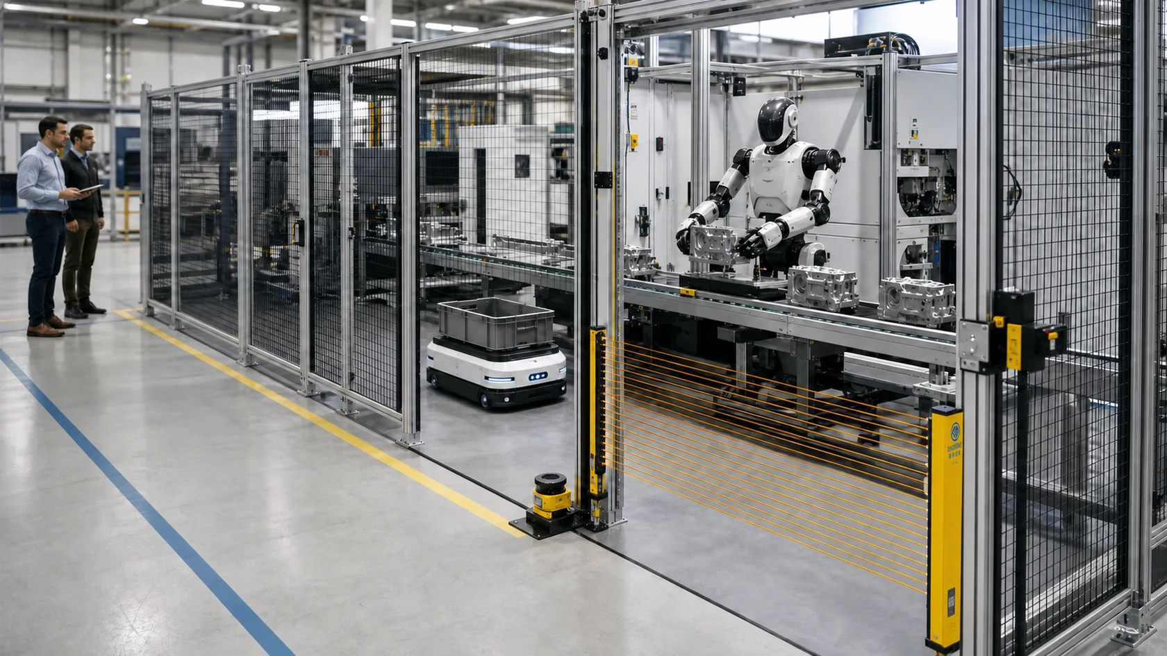 Embodied AI robot working inside a fenced factory cell protected by a safety light curtain, guarded access and floor-zone scanner