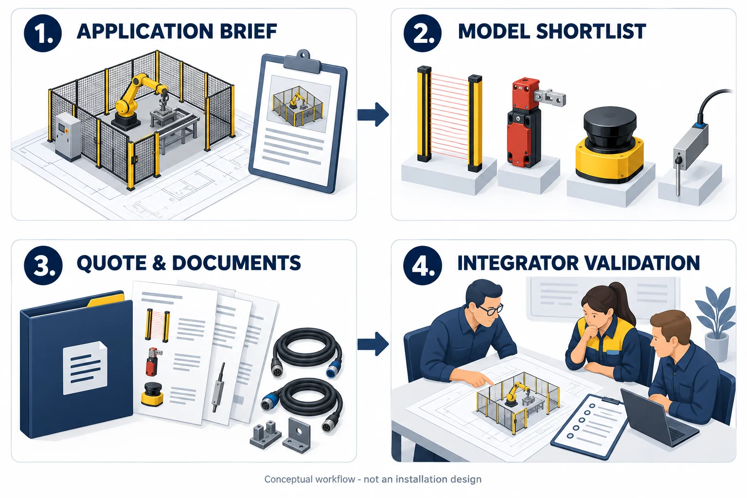 Four-stage conceptual robot-cell procurement workflow: application brief, model shortlist, quote and documents, and integrator validation.