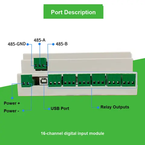 D3J0116 - D3-series DIN-rail serial module, port layout: 485-A/485-B/485-GND, USB port, power and terminal blocks