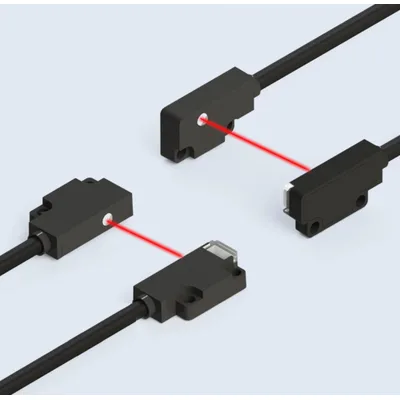 DX ultra-thin through-beam photoelectric sensor - front-sensing (F) and side-sensing (L) emitter and receiver pairs with visible red beam