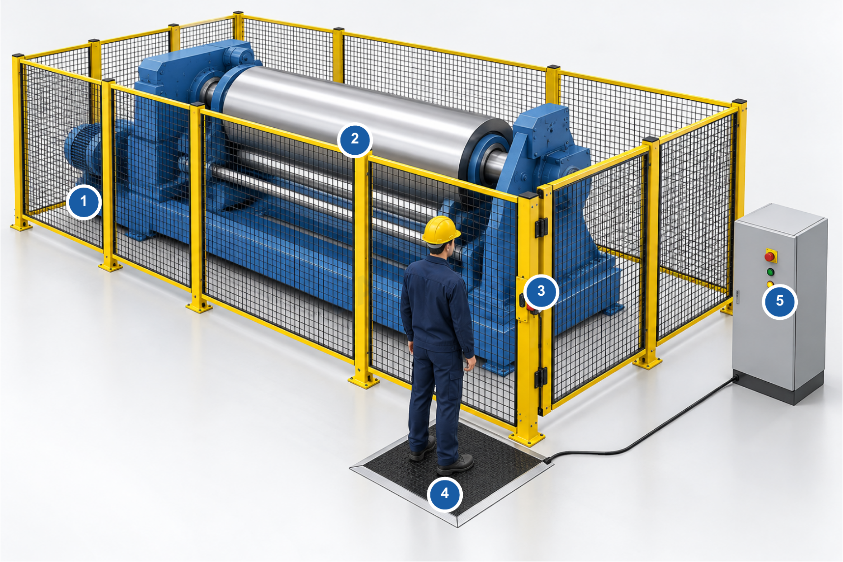 Concept illustration with numbered fixed guard, rotating roller, interlocked access gate, local JT14 mat and safety control cabinet. The operator stands outside the guard on the mat.