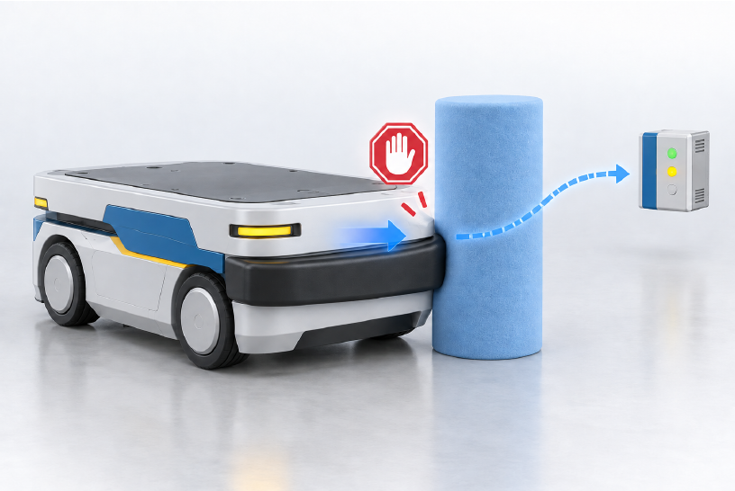 Concept illustration of an AGV contact bumper meeting a foam test object and signalling the control system.