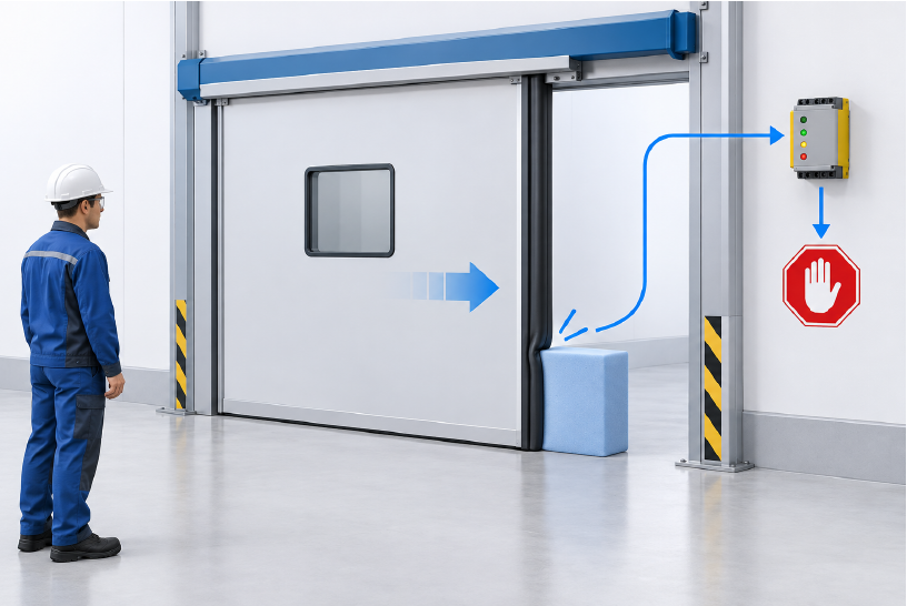 Concept illustration of a powered sliding door contacting a foam test object at its pressure-sensitive closing edge.