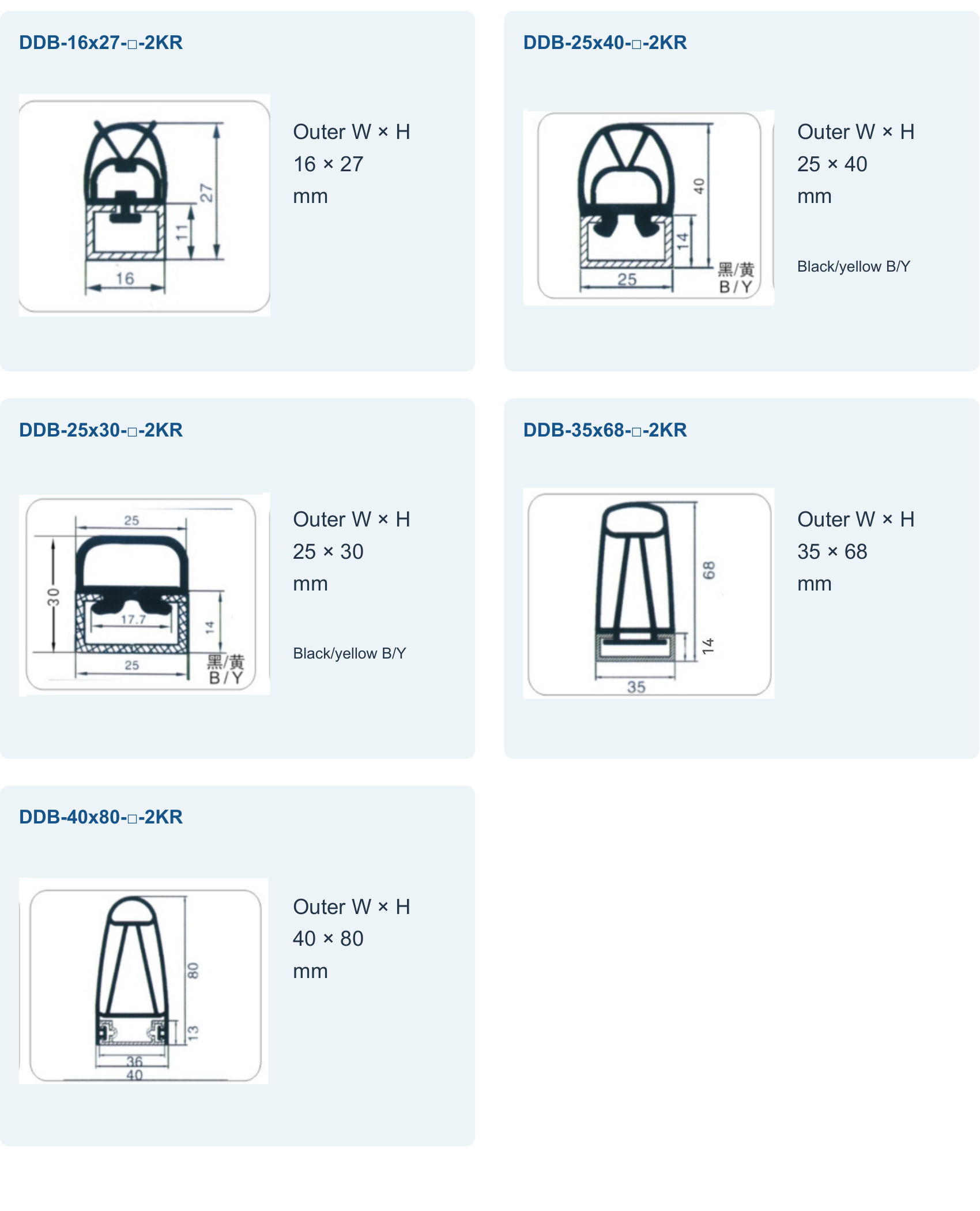 Five standard DDB section drawings: 16x27, 25x40, 25x30, 35x68 and 40x80 millimetres.