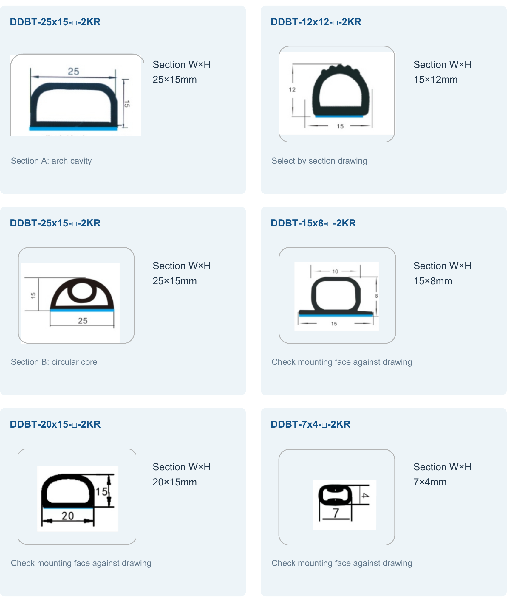 Six DDBT adhesive options including two 25x15 constructions and the 12x12 label with its 15x12 section drawing.